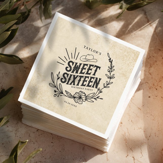 Rustic Beige Cowgirl Floral Sweet Sixteen Birthday Napkins (Rustic cowgirl floral Sweet Sixteen birthday napkins stack on table.)