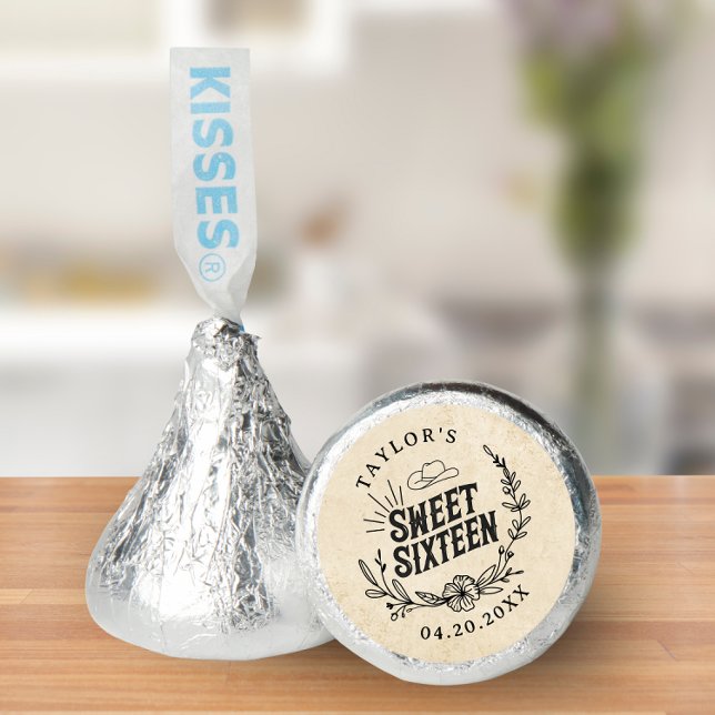 Rustic Beige Cowgirl Sweet Sixteen Birthday Hershey®'s Kisses® (Rustic cowgirl sweet sixteen Hershey’s Kiss with floral label and vintage beige background.)