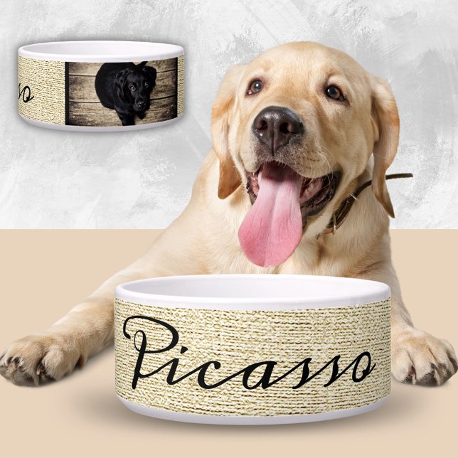 Rustic Beige Dog`s Name in Black Script 2 Photo Bowl (Creator Uploaded)