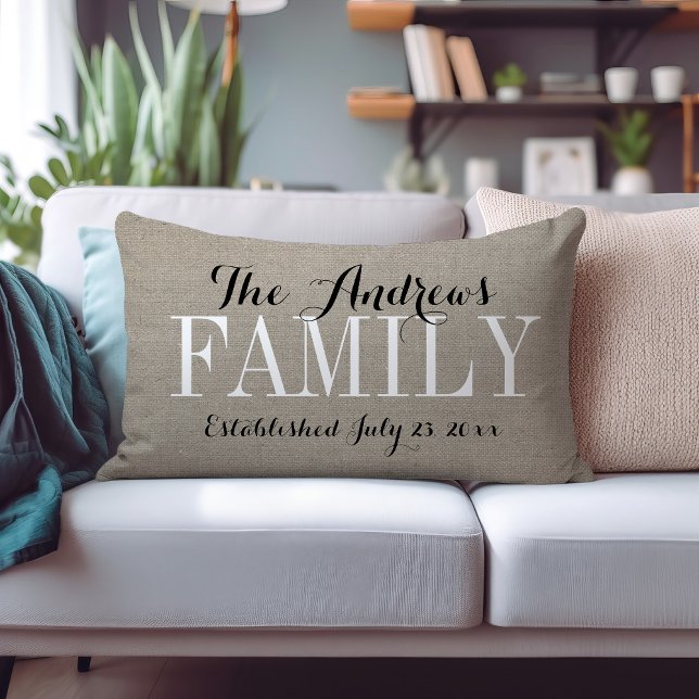 Rustic Beige Family Monogram and Wedding Date Lumbar Pillow (Creator Uploaded)