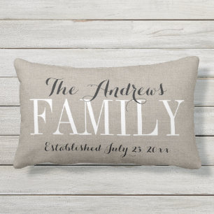 Rustic Beige Family Monogram and Wedding Date Outdoor Pillow