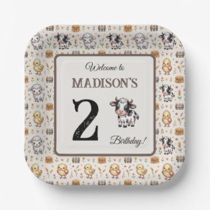 Rustic Beige Farm Animals Cow Birthday Paper Plate