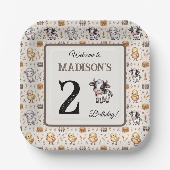 Rustic Beige Farm Animals Cow Birthday Paper Plate (Front)