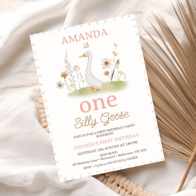 Rustic Beige Floral One Silly Goose 1st Birthday Invitation (Girls One Silly Goose 1st Birthday Invitation Template, Silly Goose Themed Birthday Invitation )