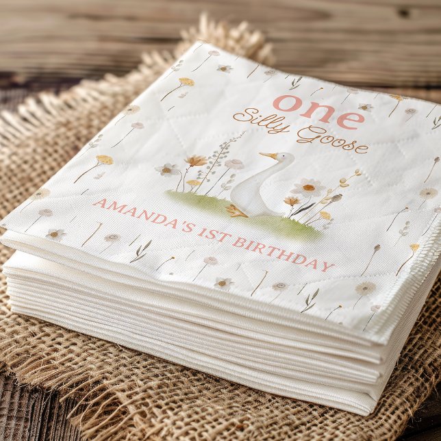 Rustic Beige Floral One Silly Goose 1st Birthday Napkins (One Silly Goose 1st Birthday Paper Napkin, Personalized One Silly Goose First Birthday Paper Napkins)