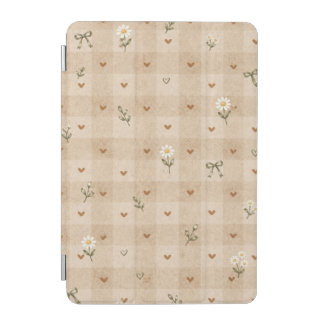 Rustic Beige Gingham Hearts and Daisies Pattern iPad Mini Cover