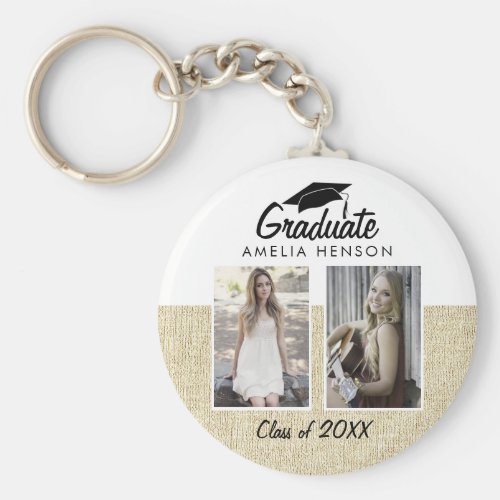 Rustic Beige Graduate Class of 2 Photo Collage Keychain - Rustic Graduate Class of 2 Photo Collage Keychain. Personalize with your favorite photos, name of the graduate and class year. Trendy black script is on beige rustic background. Personalize the keychain and make a great personalized gift and keepsake for a graduate.