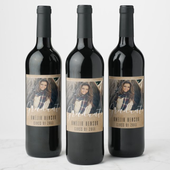 Rustic Beige Graduate Photo Graduation Party Wine Label (Bottles)