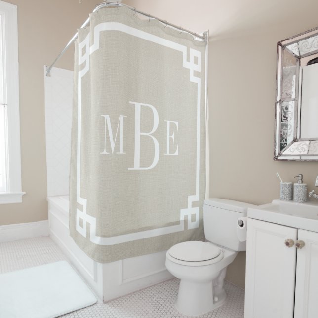 Rustic Beige Greek Key Border Monogram | Farmhouse Shower Curtain (In Situ)