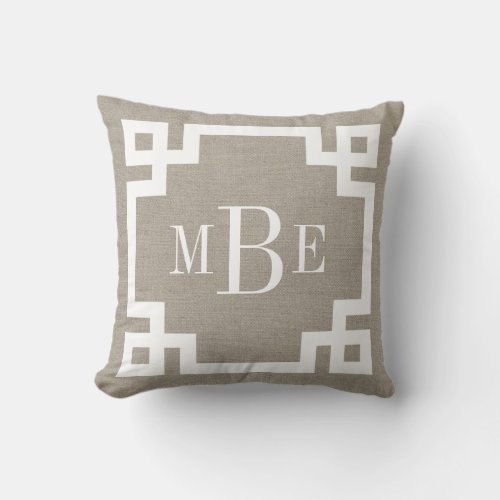 Rustic Beige Greek Key Border Monogrammed Throw Pillow