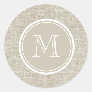 Rustic Beige Linen Background Monogram Classic Round Sticker