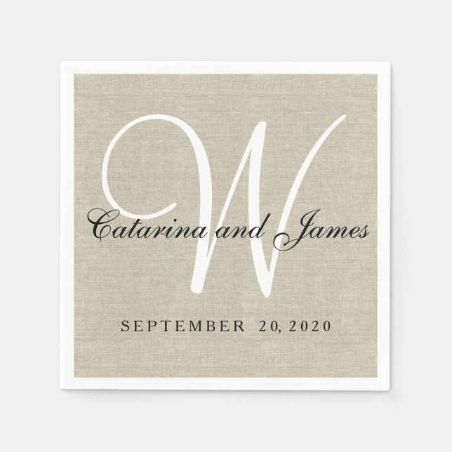 Rustic Beige Linen Monogram Wedding Paper Napkins (Front)