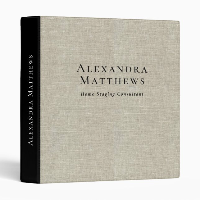 Rustic Beige Linen Printed Personalized Profession 3 Ring Binder (Front/Spine)