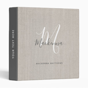 Rustic Beige Modern Monogram Script Linen Look 3 Ring Binder
