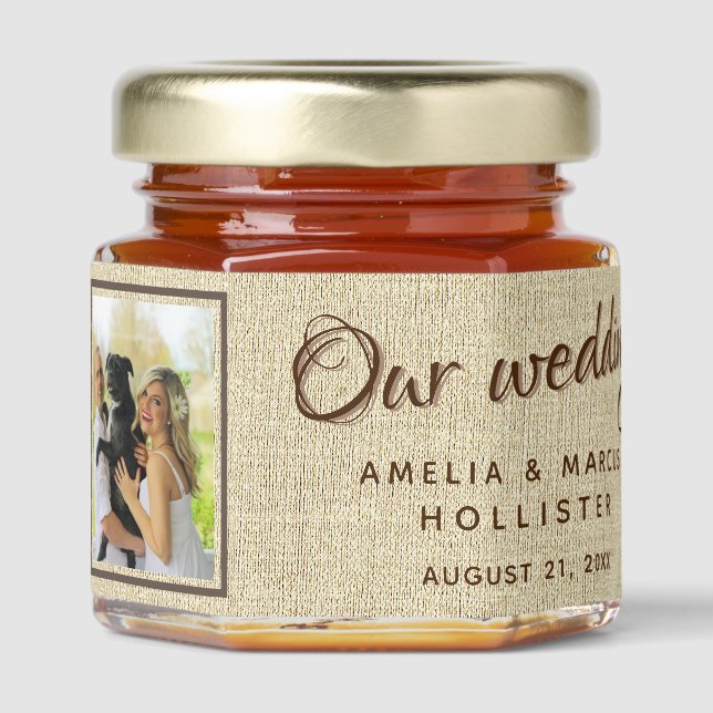 Rustic Beige Our Wedding Photo  Honey Jar Favors (Front)