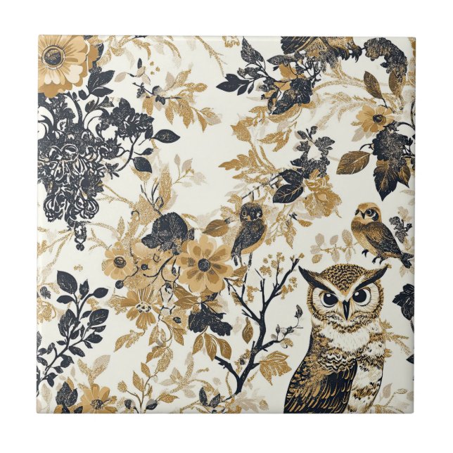 Rustic Beige Owl Woodland Floral Pattern Ceramic Tile (Front)