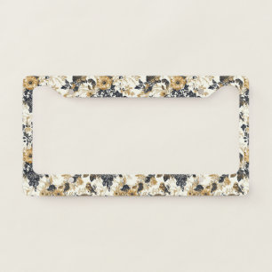 Rustic Beige Owl Woodland Floral Pattern License Plate Frame