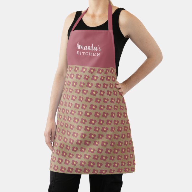Rustic Beige Red Flower Pattern Floral Kitchen Apron (Insitu)