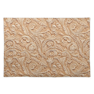 Rustic beige tooled leather floral cloth placemat