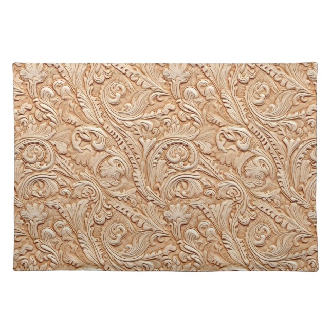 Rustic beige tooled leather floral cloth placemat (Front)