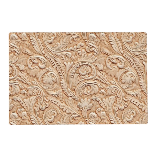 Rustic beige tooled leather floral placemat (Front)