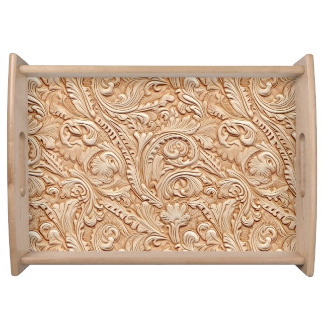 Rustic beige tooled leather floral serving tray (Front)