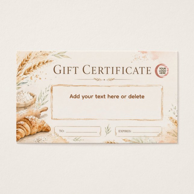 Rustic beige watercolor bakery gift certificate  (Front)