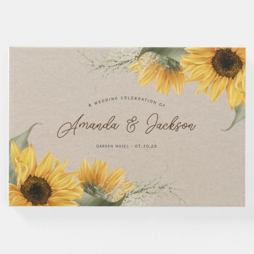 Rustic beige watercolor sunflower elegant wedding  guest book
