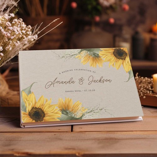 Rustic beige watercolor sunflower elegant wedding guest book
