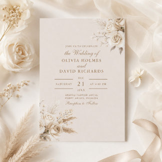 Rustic Beige White Roses Wedding Invitation