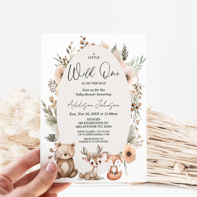 Rustic Beige Wild One Woodland Baby Shower  Invitation (Fall Woodland Wild One Baby Shower Invitation, Gender Neutral, Autumn Woodland Baby Shower Invite)