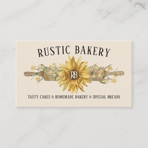 Rustic Beige Wood Rolling Pin Sunflower Bakery Business Card
