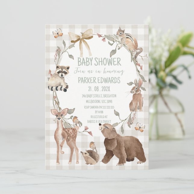 Rustic Beige Woodland Baby Shower Invitation (Standing Front)