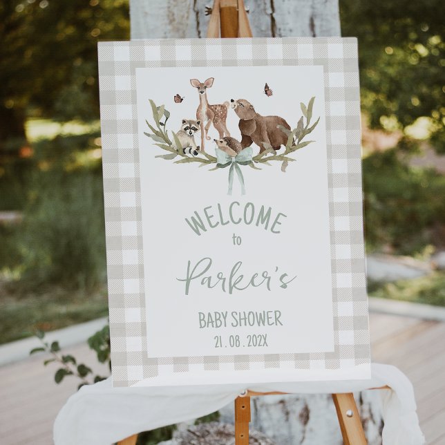 Rustic Beige Woodland Baby Shower Welcome Sign (Woodland Baby Shower Welcome Sign, Rustic Woodland Baby Shower Welcome Sign Beige, Gingham Pattern)