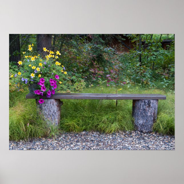 Rustic Bench And Flower Bucket Photograph Poster (Front)