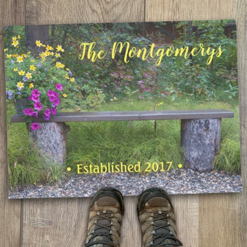 Rustic Bench Flower Pots Personalized Welcoming Doormat