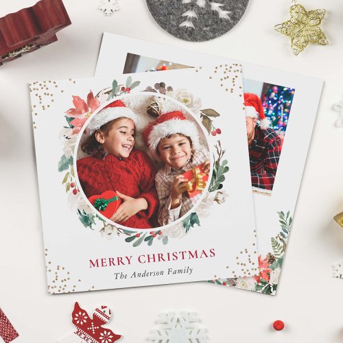 Rustic Berries Floral Merry Christmas Photo Square Holiday Card