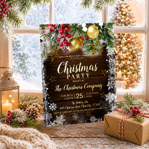 Rustic Berries Gold Baubles Stars Christmas Party Foil Invitation