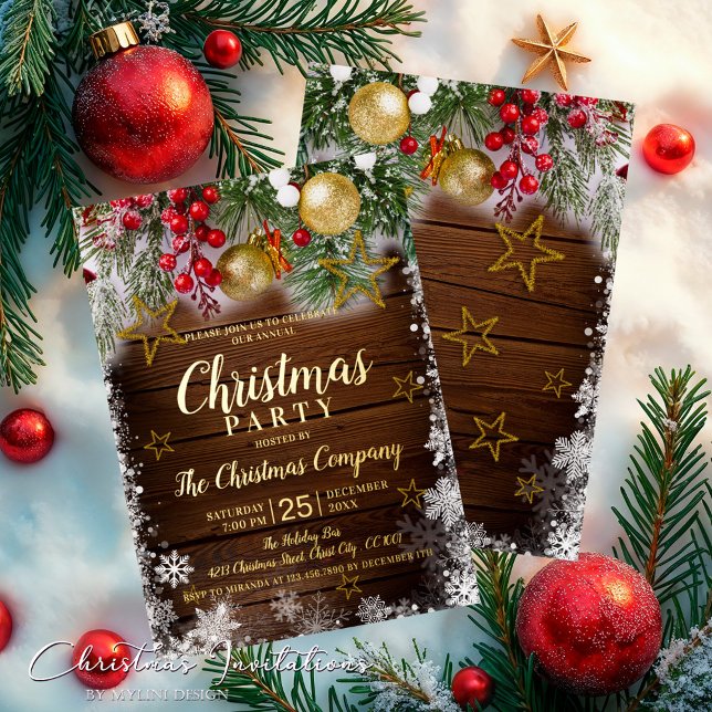 Rustic Berries Gold Baubles Stars Christmas Party Foil Invitation (Creator Uploaded)