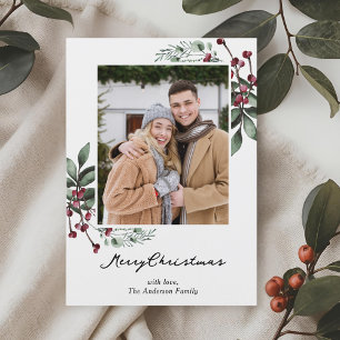 Rustic Berry Branch and Pine Christmas Photo Holiday Card