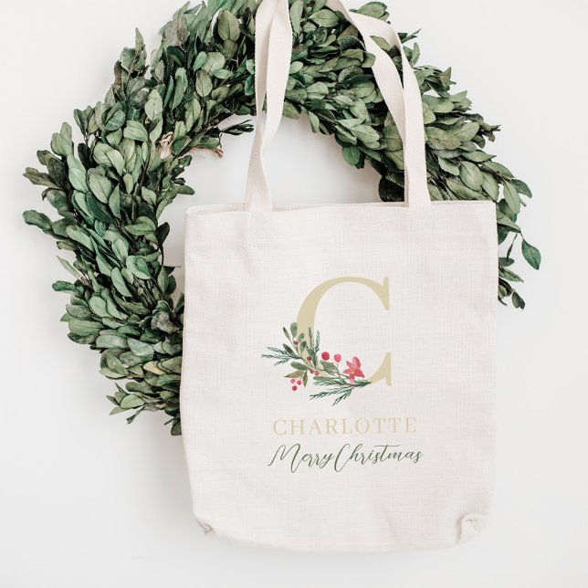 Rustic Berry Branch Initial and Name Christmas Tote Bag (Creator Uploaded)