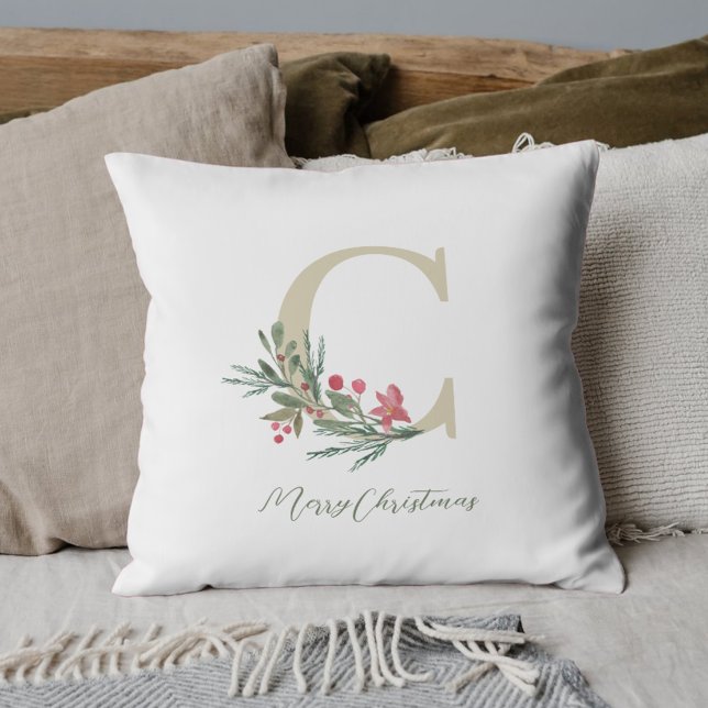 Rustic Berry Branch Initial Christmas Throw Pillow (Creator Uploaded)