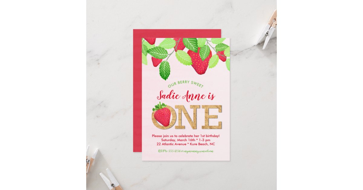 Rustic Berry Sweet Strawberry 1st Birthday Girl Invitation | Zazzle