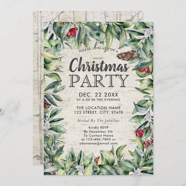 Rustic Berry Winter Greenery Birch Christmas Party Invitation (Front/Back)