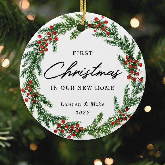 Rustic Berry Wreath First Christmas in New Home Ceramic Ornament (Creator Uploaded)