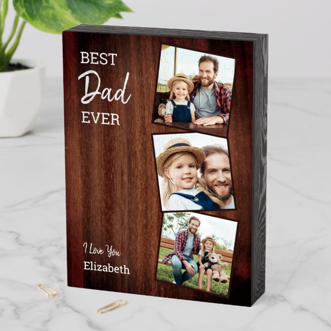 Rustic Best DAD Ever Country Wood Custom 3 Photo Wooden Box Sign (In Situ Vertical)