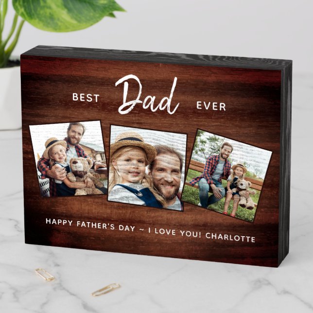 Rustic Best DAD Ever Custom 3 Photo Father's Day Wooden Box Sign (In Situ Horizontal)