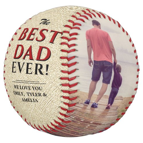 Rustic Best Dad Ever Father`s Day 2 Photo Collage Softball - Rustic Best Dad Ever Father`s Day 2 Photo Collage Softball. The background is rustic beige texture and the text is a trendy black and red typography. The best dad ever two photo template softball. Personalize it with 2 favorite photos and your names. You can change any text on the softball or erase it. This modern custom and personalized softball is a perfect gift for a dad, a new dad or grandfather on a Father`s Day, birthday or Christmas and is a sweet keepsake.