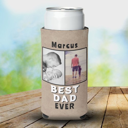 Rustic Best Dad Fathers Day 2 Photo Collage Seltzer Can Cooler