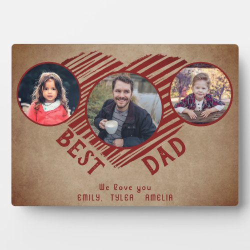 Rustic Best Dad Heart Fathers Day 3 Photo Collage Plaque